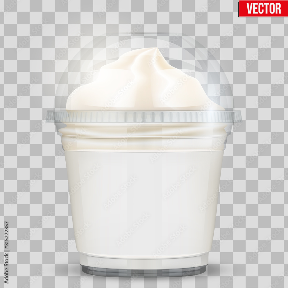 Clear plastic cup with ice cream and sphere dome cap. Plastic ice cream