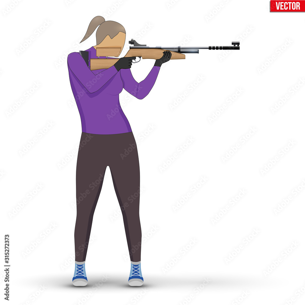 Shooter with Air Rifle. Shooting Sport Equipment Illustration. Athlete Shooter Woman Aiming. Vector Illustration isolated on white background.