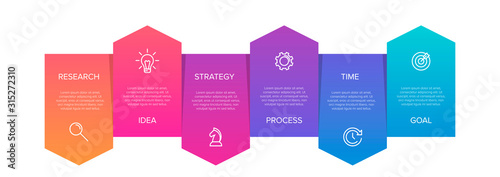 Concept of arrow business model with 6 successive steps. Six colorful graphic elements. Timeline design for brochure, presentation. Infographic design layout