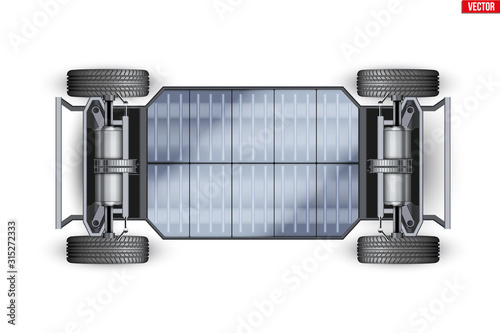 Electric Car Chassis with battery. Vehicle frame with batteries and Transmission on rechargeable eco car. Wheels and power item on automobile chassis. Vector Illustration isolated on white background.