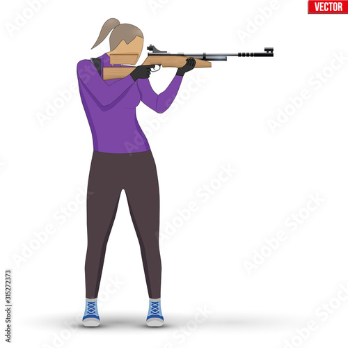 Shooter with Air Rifle. Shooting Sport Equipment Illustration. Athlete Shooter Woman Aiming. Vector Illustration isolated on white background.