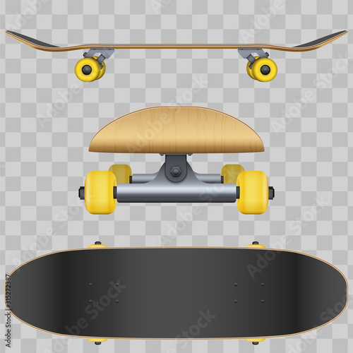 Set of Classic skateboard models. Side and front and top view. Urban sport equipment. Design element for tennage sport posters. Vector Illustration isolated on transparent background