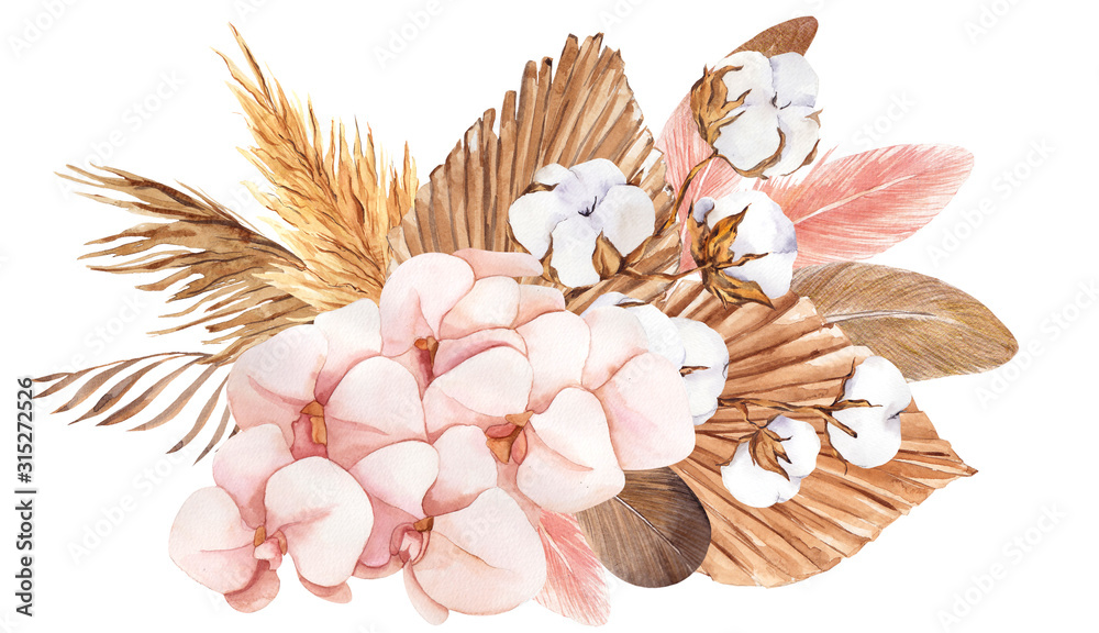 Watercolor bouquets in boho style with pampas grass, flowers, feathers