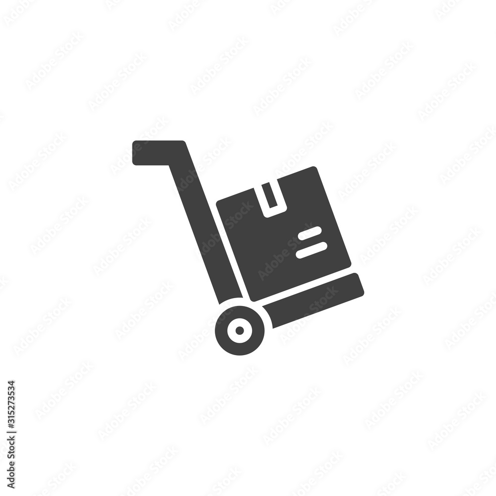 Hand truck with box vector icon. filled flat sign for mobile concept and web design. Logistic shopping trolley with box glyph icon. Symbol, logo illustration. Vector graphics Hand truck with box vector icon. filled flat sign for mobile concept and web design. Logistic shopping trolley with box glyph icon. Symbol, logo illustration. Vector graphics