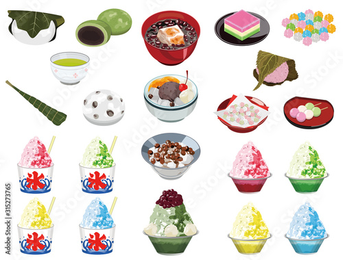 食べ物アイコン・イラスト【和菓子】②（あんみつ、かき氷、お汁粉、さくら餅、かしわ餅）