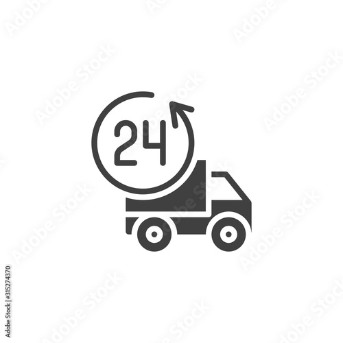 24h delivery truck vector icon. filled flat sign for mobile concept and web design. Twenty four hour delivery service glyph icon. Symbol, logo illustration. Vector graphics
