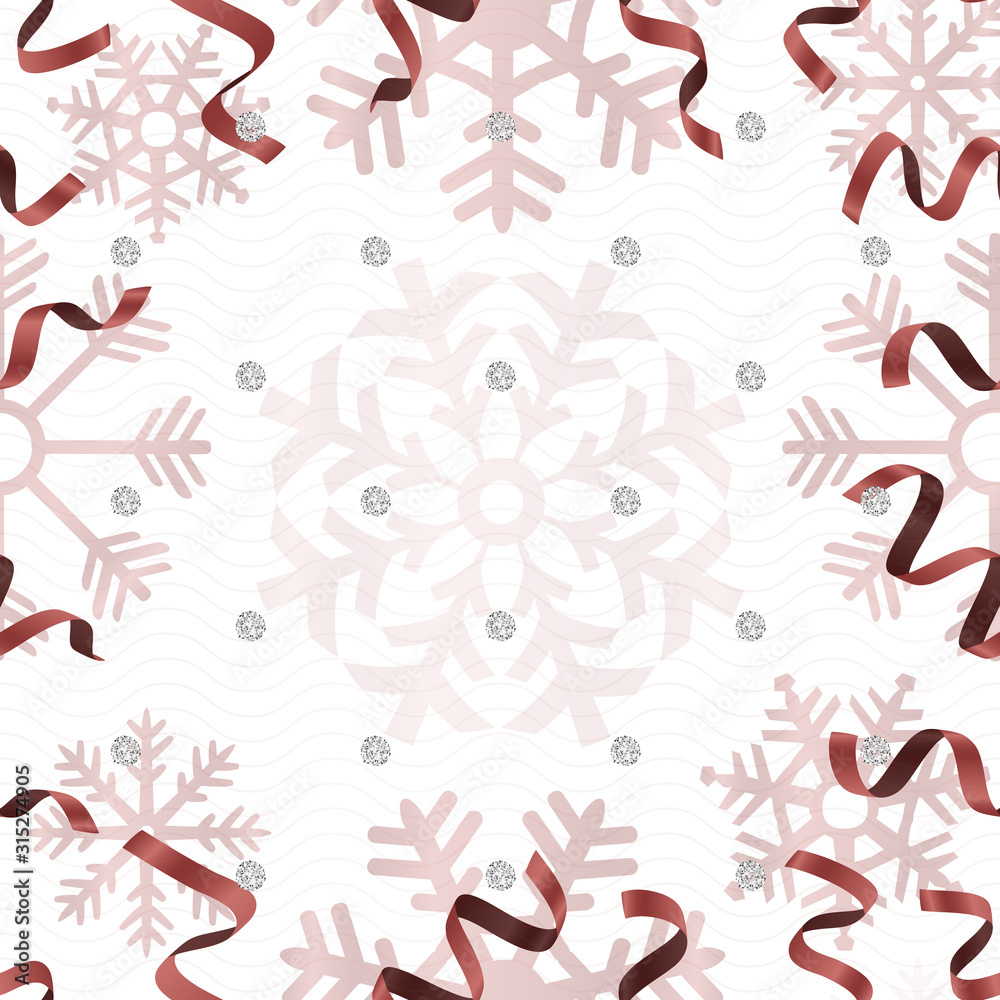 Fototapeta premium seamless christmas pattern with red twist ribbon and snowflake on white background