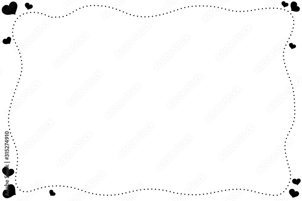 Hand drawing. Black line dot border and many hearts on white background. Cute frame. Can be use for any card, web, lable, banner, sticker, brochure or web. Copy space. Valentine's day. Hand drawing. Black line dot border and many hearts on white background. Cute frame. Can be use for any card, web, lable, banner, sticker, brochure or web. Copy space. Valentine's day.