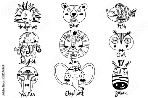 Avatars funny animal faces Hedgehog Bear Fish Jellyfish Lion Owl Walrus Elephant Zebra. Vector illustration