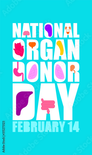 National organ donor day. 14th of February. Postcard, poster for holiday