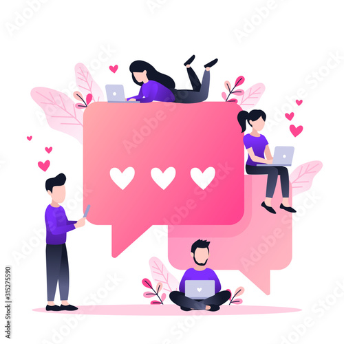 Online dating. Virtual relationships. Dating applications concept. Flat vector illustration with male and female chatting. Find love. Landing page template. Modern flat design concept for web design
