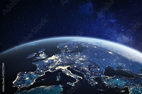 Europe viewed from space at night with city lights in European Union member states, global EU business and finance, satellite communication technology, 3D render of planet Earth, world map from NASA