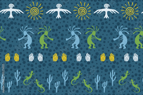 design with trickster god, swirl icons on human palm, sun, eagle.
