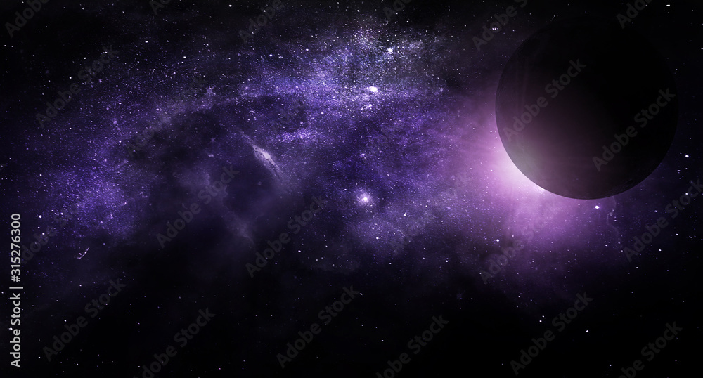 abstract space 3d illustration, planet in space in lilac colors