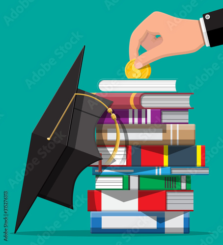 Graduation cap, books and gold coin. Education savings and investment concept. Academic and school knowledge. Vector illustration in flat style
