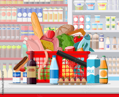 Supermarket store interior with goods. Big shopping mall. Interior store inside. Checkout counter, grocery, drinks, food, fruits, dairy products. Vector illustration in flat style