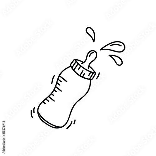 Contour baby bottle with flying milk drops. Black and white image. Cartoon doodle icon. Outline isolated symbol of newborn feeding. Hand drawn vector illustration