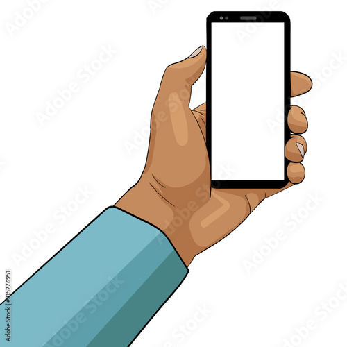 The illustration shows a hand holding a mobile phone. You can insert your own image on the phone screen.