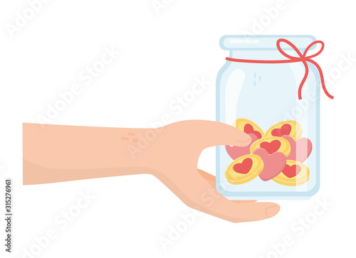 hand with jar glass hearts love charity and donation concept