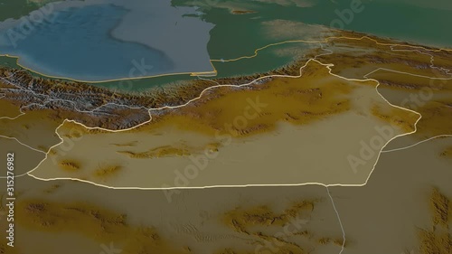 Semnan, province with its capital, zoomed and extruded on the relief map of Iran in the conformal Stereographic projection. Animation 3D photo