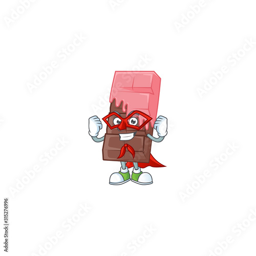 Smiley mascot of chocolate bar with pink cream dressed as a Super hero