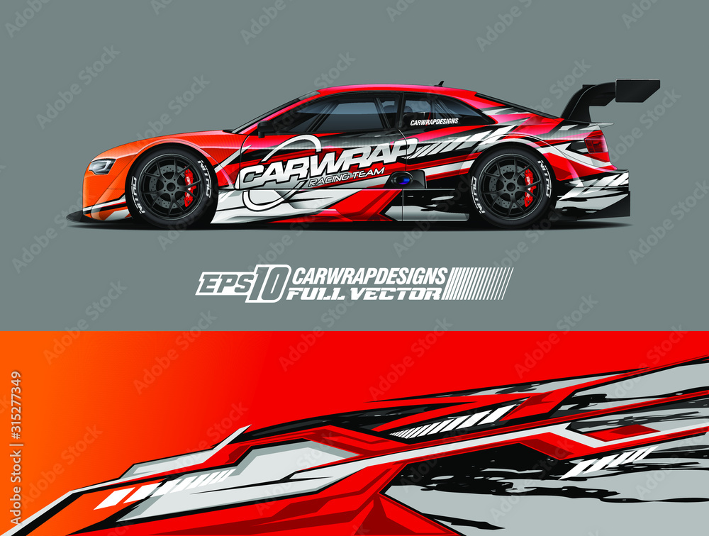 Car wrap design vector. Graphic abstract stripe racing background designs for wrap cargo van, race car, pickup truck, adventure vehicle. Eps 10