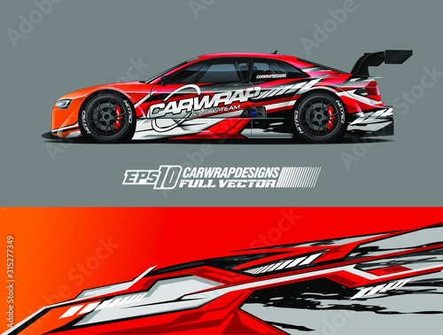 Car wrap design vector. Graphic abstract stripe racing background designs for wrap cargo van, race car, pickup truck, adventure vehicle. Eps 10