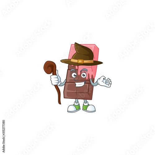 cartoon mascot style of chocolate bar with pink cream dressed as a witch