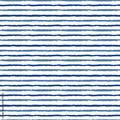 Horizontal seamless grunge brush striped pattern. Blue color stripes on white background. Seamless vector pattern background.