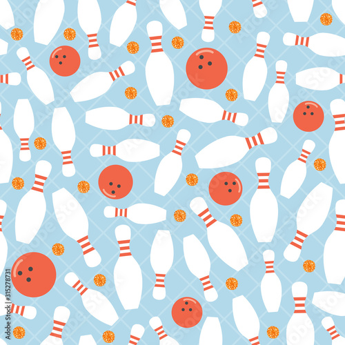 seamless sport pattern on blue background with Bowling ball ,bowling pins and orange dot glitter