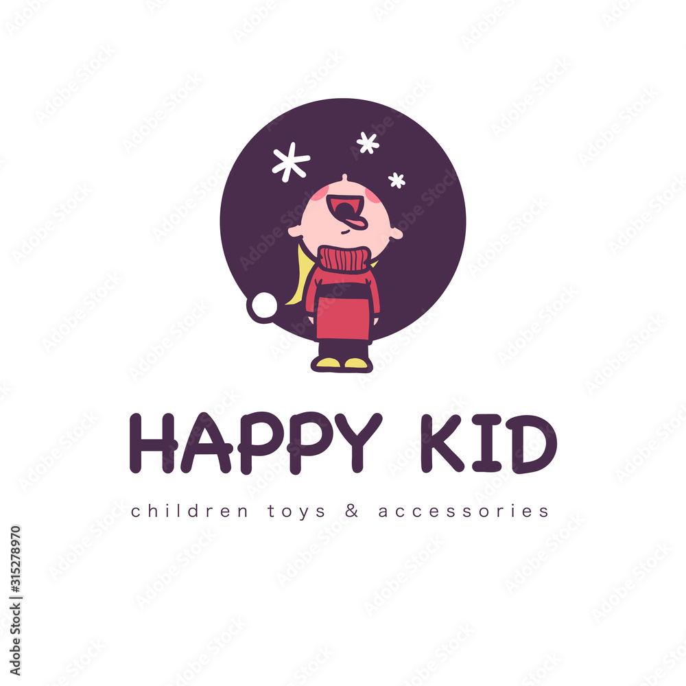 Happy kid funny logo with winter boy in sweater standing catching snowflakes with his mouth isolated. Emblem for children toys store, clothes, accessory shop, play room. Vector flat illustration.