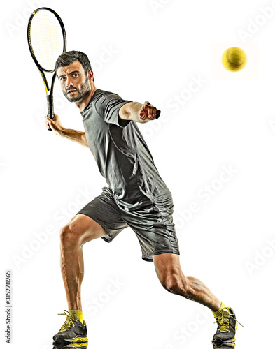 one caucasian mature tennis player man forehand silhouette full length in studio isolated on white background photo