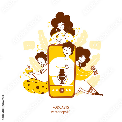 Listening to podcast hobby flat vector yellow illustration