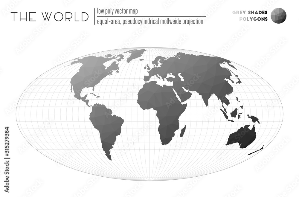Abstract geometric world map. Equal-area, pseudocylindrical Mollweide projection of the world. Grey shades colored polygons. Elegant vector illustration. Abstract geometric world map. Equal-area, pseudocylindrical Mollweide projection of the world. Grey shades colored polygons. Elegant vector illustration.