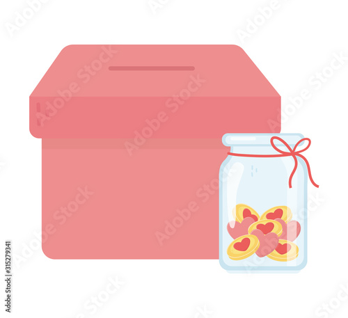 box and jar glass hearts love charity and donation concept