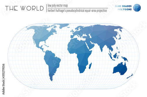 Vector map of the world. Herbert Hufnage's pseudocylindrical equal-area projection of the world. Blue Shades colored polygons. Trending vector illustration.