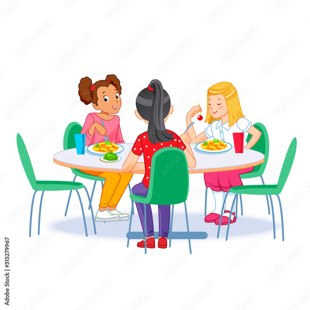 The children who eats breakfast. Happy kids having breakfast by themselves. Vector illustration for banner, poster, website, flyer The children who eats breakfast. Happy kids having breakfast by themselves. Vector illustration for banner, poster, website, flyer