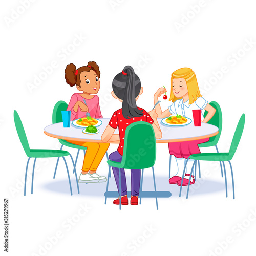 The children who eats breakfast. Happy kids having breakfast by themselves. Vector illustration for banner, poster, website, flyer