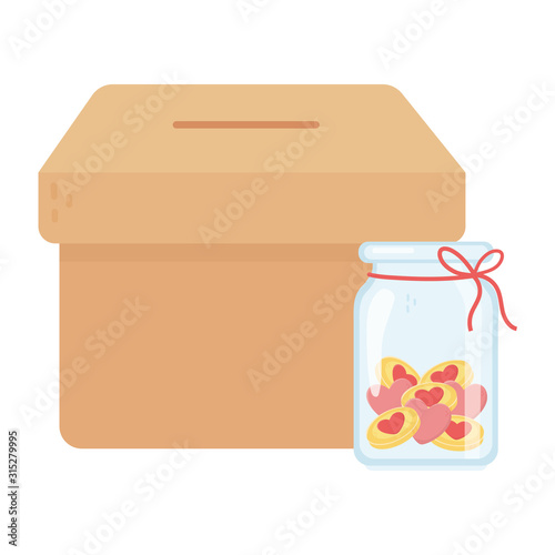 box and jar glass hearts love charity and donation concept