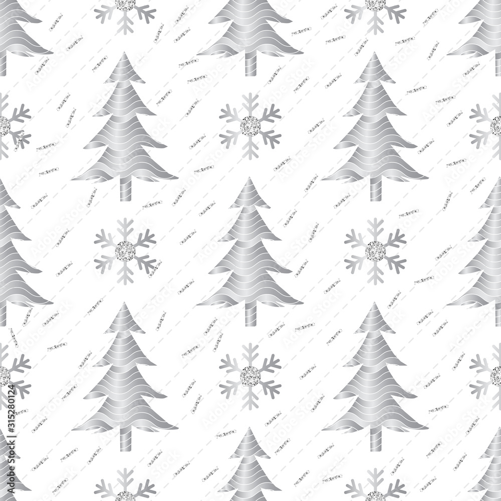 seamless  christmas pattern on white background with silver pine tree and snowflake glitter