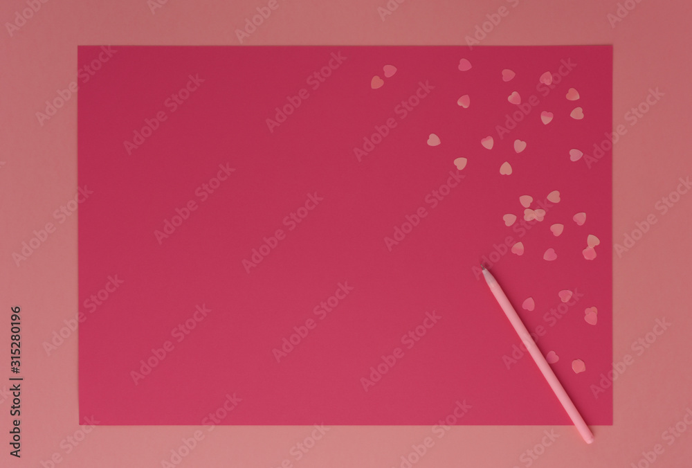 Two layers pink border frame with pink pen and scattered hearts. Valentines , Mothers Day, its a girl concept. Making invitations, sales, a place for recording girls thoughts. Flat lay, copy space