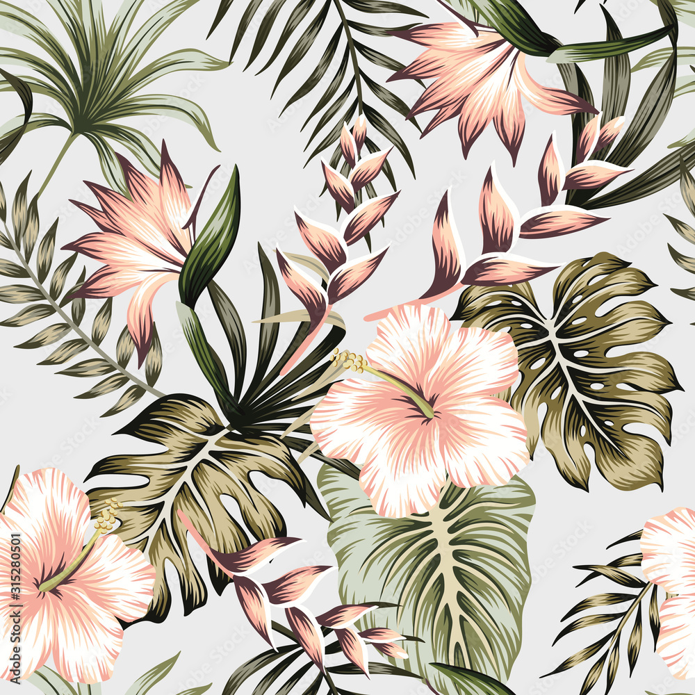 Papier peint photo avec Hibiscus rose strelitzia palmes vintage gris #315280501