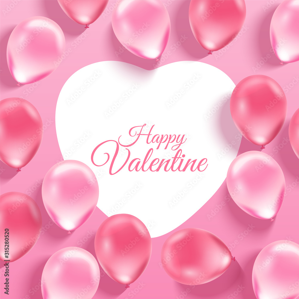 Pink Valentine's Day background with 3d realistic balloons on pink background