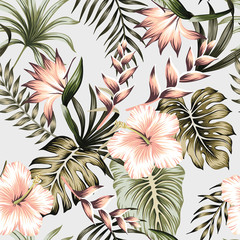 Fotobehang Hibiscus patronen Vintage strelitzia hibiscus palmbladeren grijs  © good_mood