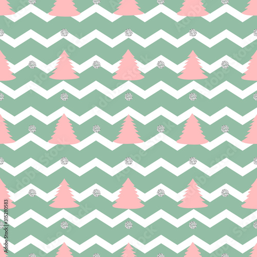 seamless christmas pattern with pink pine tree and silver dot glitter on green stripe background