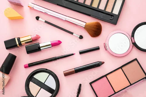 Obraz Make up cosmetics products against pink color background