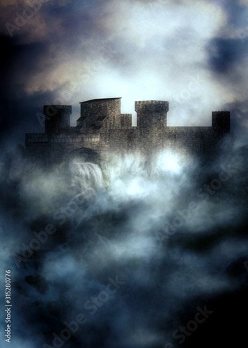 Medieval fortress in the fog