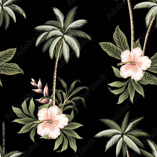 Tropical vintage hibiscus flower, palm tree, palm leaves floral seamless pattern black background. Exotic jungle Hawaiian wallpaper.
