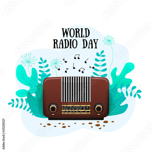 Banner international flat day radio isolated. For website, poster, brochure. Brown radio receiver in nature. Broadcast music. Abstract vector illustration