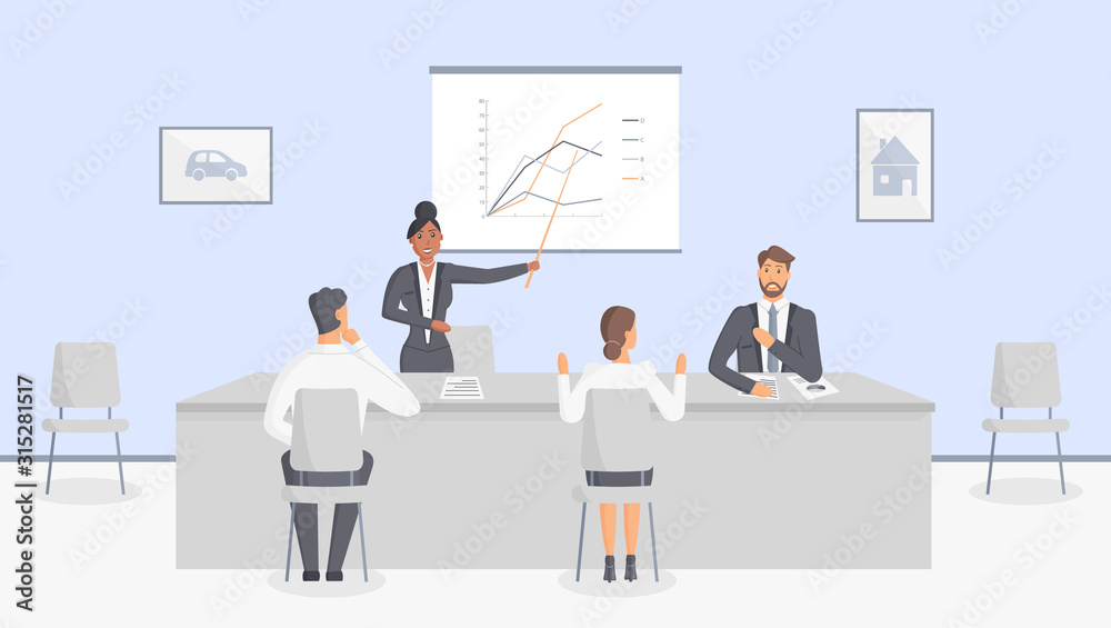 The office of the Bank or the insurance company: Bank employees sitting at a table at a production business meeting. Working moments of debriefing, summing up, decision-making.Vector illustration